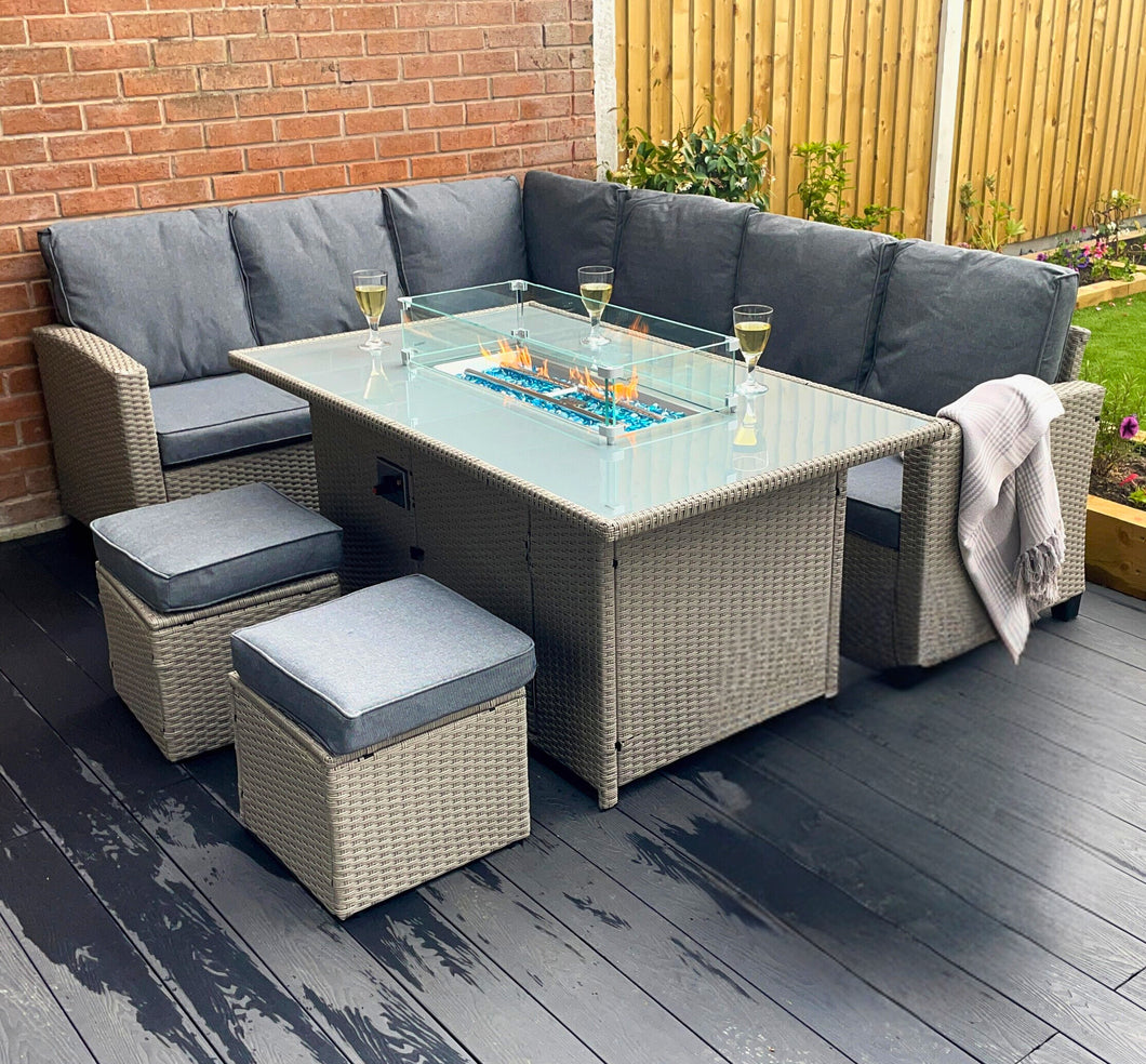 The Conwy 8 Seat Corner Gas Firepit Rattan Dining Set