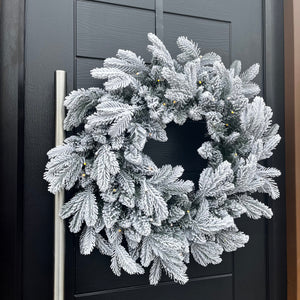 60cm Premium Mixed branch prelit Snow Flocked Christmas Wreath - with timer