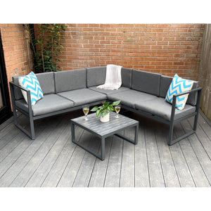 Chester Grey Modern Metal Garden Furniture 5 Seat Corner Sofa and Coffee Table Patio Set